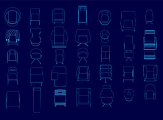 Collection of blue drawings of various chairs and couches. The chairs and couches are all different shapes and sizes, but they all have a similar design. Scene is one of creativity and imagination