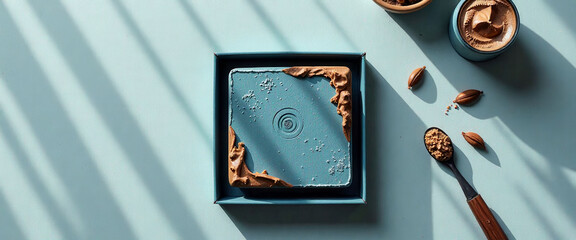 A blue square with a spoon on it is on a table with other food items. The table is covered with a white background