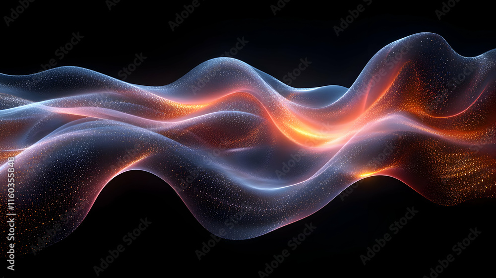 Poster abstract waves of light and color creating a dynamic visual flow.