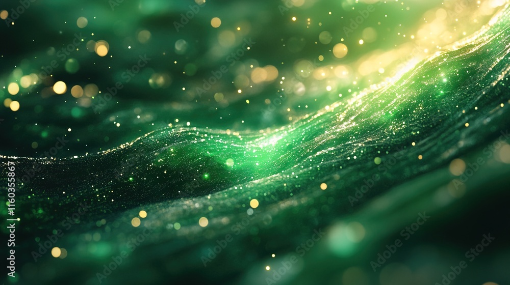 Poster abstract glowing green bokeh background with shimmering texture