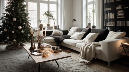 Fototapeta premium Cozy holiday living room with christmas tree and candlelight ambiance
