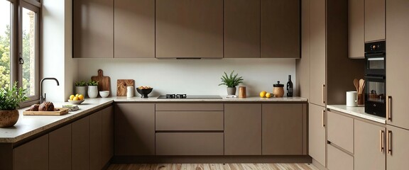 A kitchen with a white countertop and brown cabinets. The cabinets are made of wood and the countertop is made of granite. There are several potted plants in the kitchen