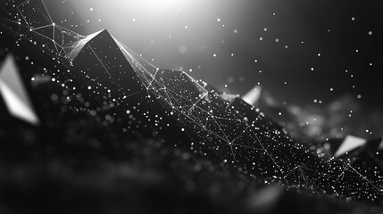 Abstract dark grayscale 3D landscape with connecting lines and dots.