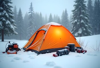 Orange touristic tent in a winter forest
