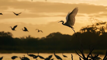 Fototapeta premium Egret silhouetted in flight at sunset, with other birds in the distance over a tranquil wetland.