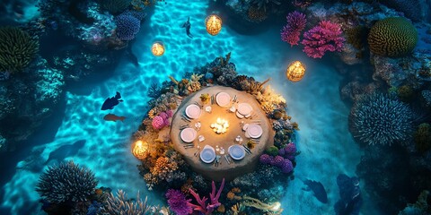 Magical underwater dining scene. Table set on coral reef with glowing lanterns, fish, and vibrant corals.  Perfect for fantasy, romance, or travel themes.