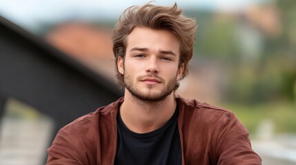 Close-up Photo: Handsome Man Calmly Posing Outdoors. AI Generated