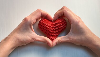 Obraz premium A hand makes a heart gesture beside a knitted red heart, on a light surface.