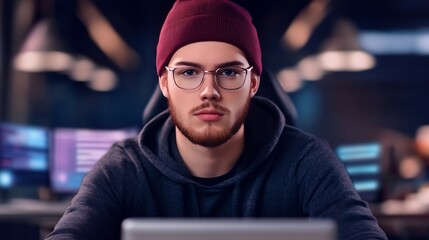 Close-up Photo: Focused Young Coder Intensely Working Late at Night in a Tech Office. AI Generated