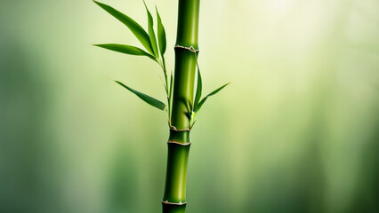 Fototapeta premium Green bamboo stalk with fresh leaves in a serene natural setting during daylight hours