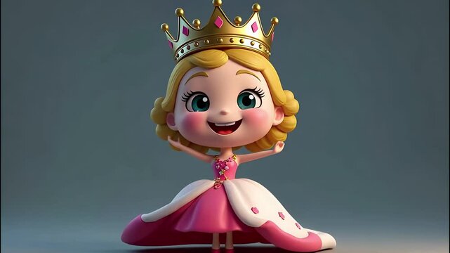 3d Animation of Cute Cartoon Princess Dancing with Royal Crown and Dress
