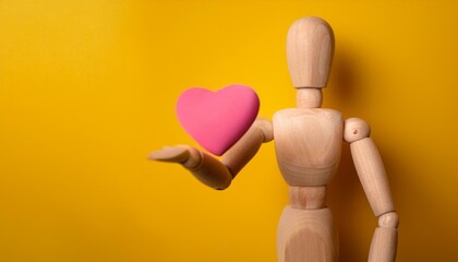 A wooden mannequin holds a pink heart on its outstretched hand, on a yellow background.