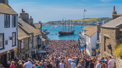 St. piran's day celebration in coastal cornwall with traditional crowds and boats