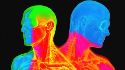 Fototapeta premium Vibrant thermal imaging of human figures against a cosmic background
