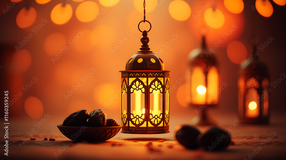 Poster a blend of warm gradient colors with abstract shapes of lanterns and dates, glowing softly for ramad