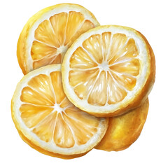 Bright watercolor lemon slices with juicy textures and vibrant yellow, refreshing designs, isolated in PNG transparent background
