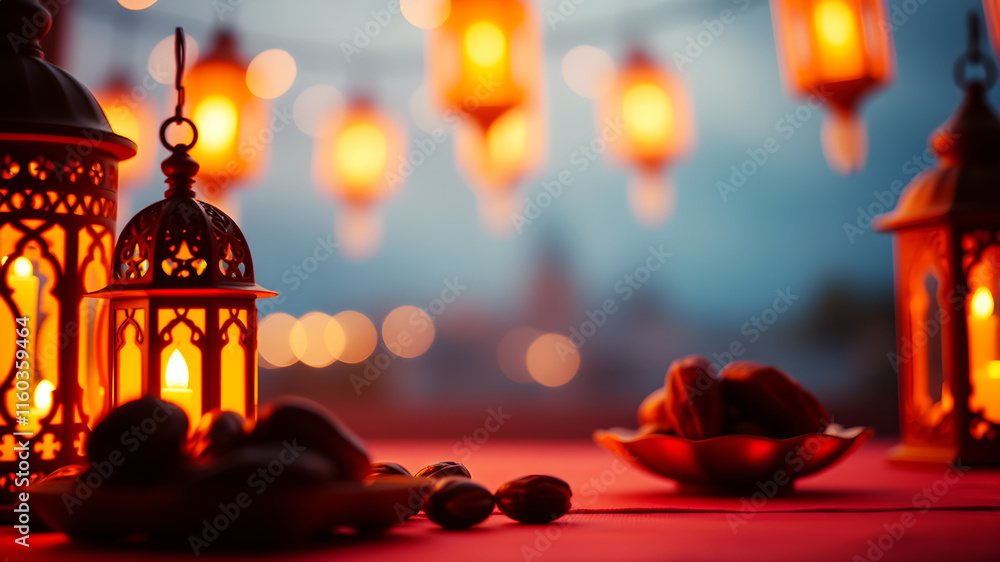 Poster a blend of warm gradient colors with abstract shapes of lanterns and dates, glowing softly for ramad