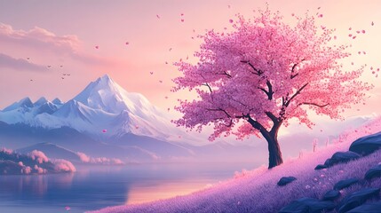 A magnificent and beautiful cherry blossom tree standing alone, with beautiful mountain and lake...