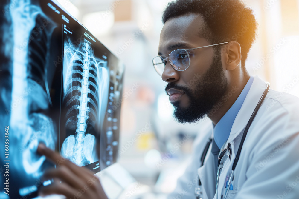 Poster doctor is looking at a ct scan of a patient's chest. he is pointing to a spot on the image and he is
