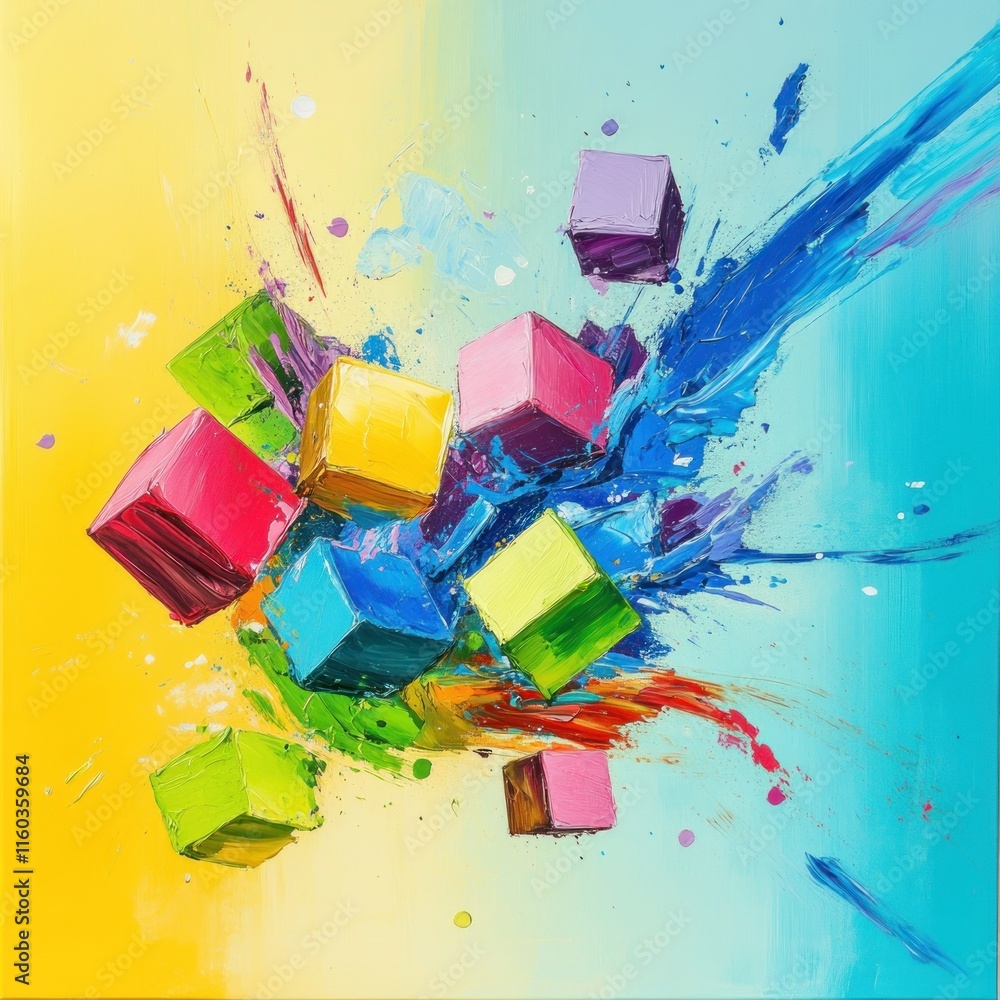 Aufkleber abstract colorful cubes exploding in vibrant paint splashes.