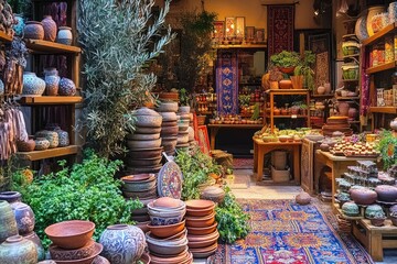 Fototapeta premium A vibrant market scene filled with pottery, plants, and decorative items.
