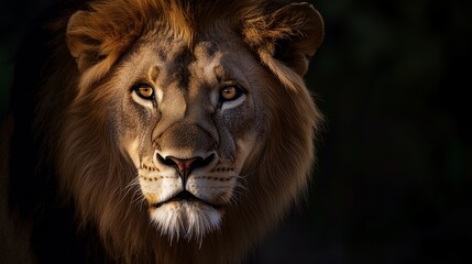 Naklejka premium Majestic lion with a piercing gaze in dramatic low light.