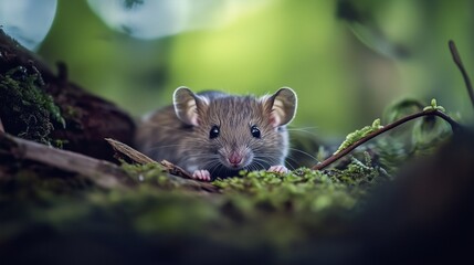 Close-up of a curious mouse peeking through mossy forest foliage.