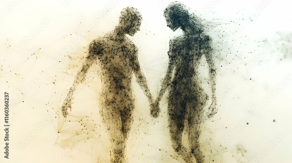 Poster abstract representation of two figures holding hands, symbolizing connection and unity.