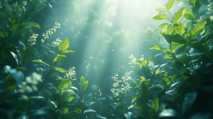 Lush green foliage illuminated by soft sunlight, creating serene atmosphere. delicate flowers add touch of beauty to tranquil scene, evoking sense of peace and harmony