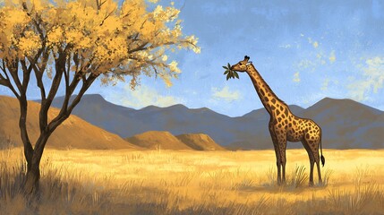 Obraz premium Giraffe in African Savanna Landscape Painting