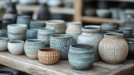 Handcrafted ceramic pots in various colors and textures displayed on wooden table, showcasing unique designs and artisanal craftsmanship