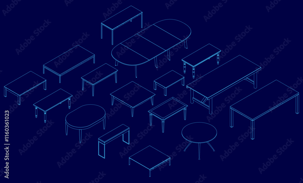 Poster blue image of tables. the image is a computer generated drawing of tables. isometric view