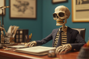 skeleton dressed in a suit and tie sits at a desk with a book in front of him. The scene is a humorous take on a typical office setting, with the skeleton being the main focus