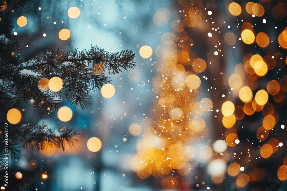 Poster snowy pine branch with bokeh lights.