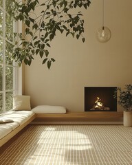Beautifully designed sunlit interior showcasing tranquil minimalism with greenery, a cozy fireplace, and light wood accents for a perfect serene living space.