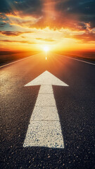Vibrant sunset casting warm light on a long straight road with an arrow symbolizing direction ahead