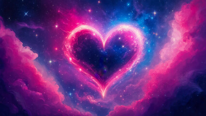 Vibrant cosmic heart shape illuminated against a starry background filled with swirling clouds