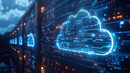 Digital cloud storage visualization on server with glowing graphics