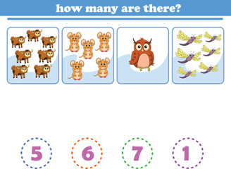 Counting game of wild animals for preschool kids. Printable. Vector Illustration