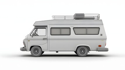 A side view of a white camper van designed for travel and leisure activities.