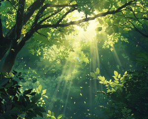 Sunlight softly streaming through new spring leaves creates serene atmosphere
