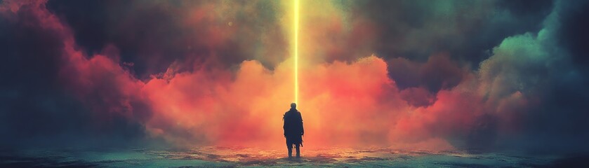 Silhouette of a hooded figure standing before a dramatic, fiery sunset and dark stormy clouds.  Hope, mystery, and faith.