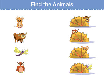 Fototapeta premium Find Hiding Animals. Child Exercise Sheet with wild animals. Printable worksheet. Cartoon vector illustration