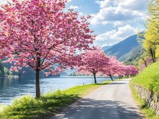 Naklejka premium Cherry blossom trees bloom along a river bordered by grass and a stone wall epitomizing a classic Japanese landscape