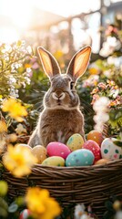 A bunny surrounded by colorful Easter eggs. AI.