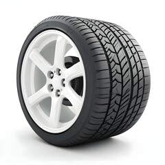 Obraz premium A stylish white alloy wheel mounted on a performance tire, showcasing tread design and grip.