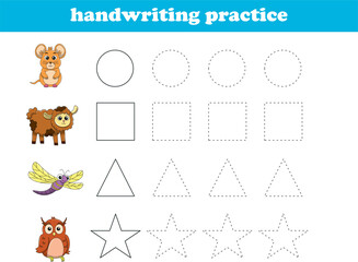 Fototapeta premium Handwriting Practice. Tracing lines of different shape for kids with animals. Vector Illustration