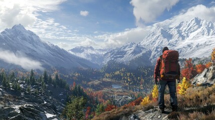 Backpacker enjoying scenic autumn mountain vista
