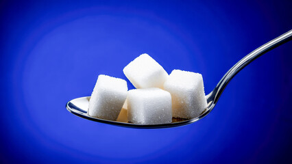 White sugar cubes carefully placed on a metallic spoon against a vibrant blue background