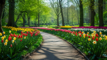 Colorful flower path in a lush park during springtime with vibrant blooms lining the walkway